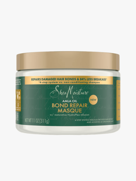 SheaMoisture Amla Oil Bond Repair Masque in branded tub component on a light gray background